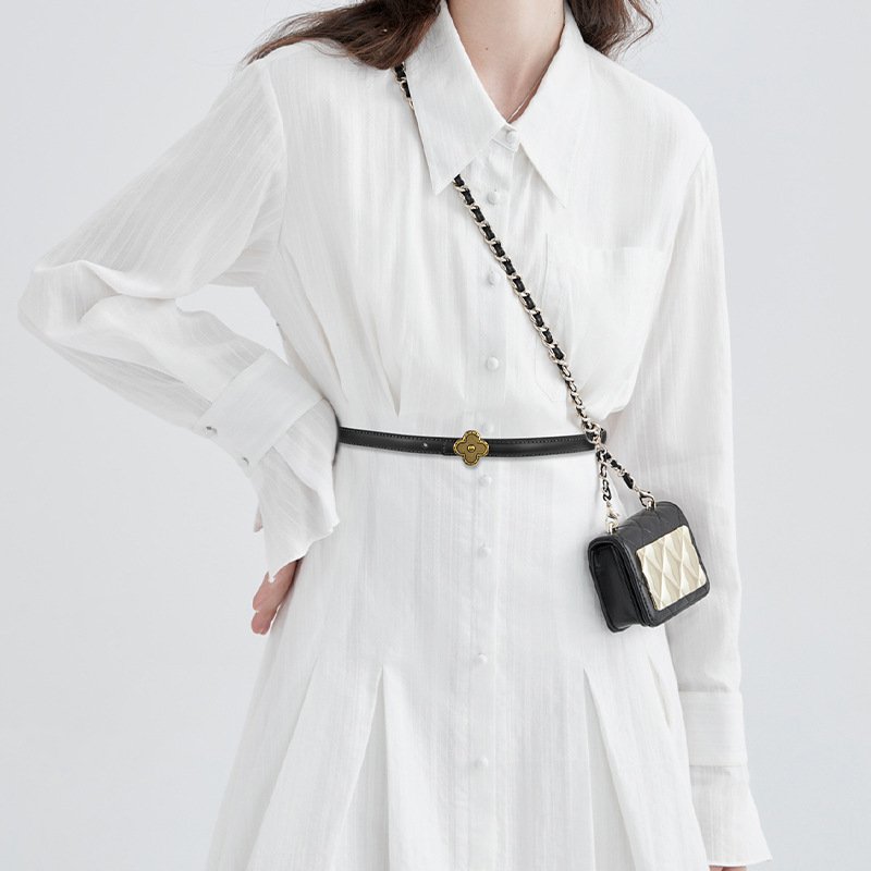Factory Sales Thin Women Reversible Cowhide Belt With Pearl Buckle