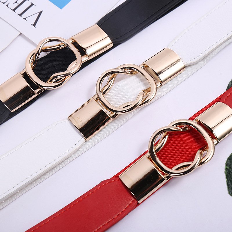 Women's Elastic thin waistband With Retro Metal Buckle PU Leather Belt Which Can Shape Charming Waistline for Women