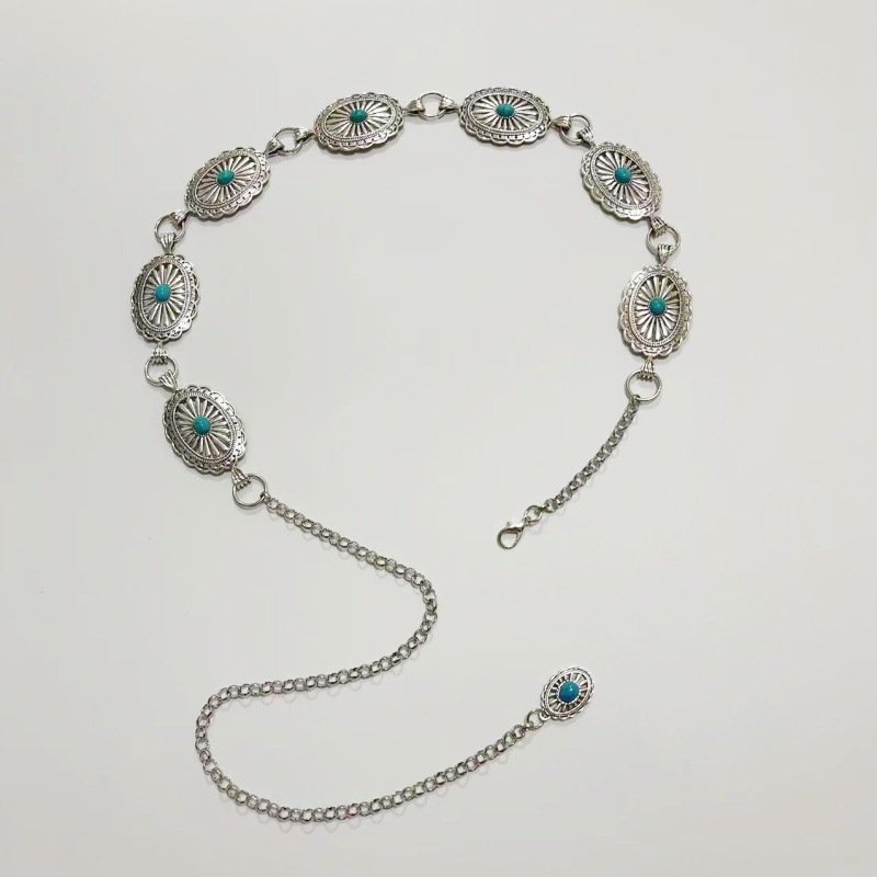 Western Concho Chain Belt for Women Silver Oval Chain Belt Adjustable Metal Belt with Buckle for Women Girls Dresses