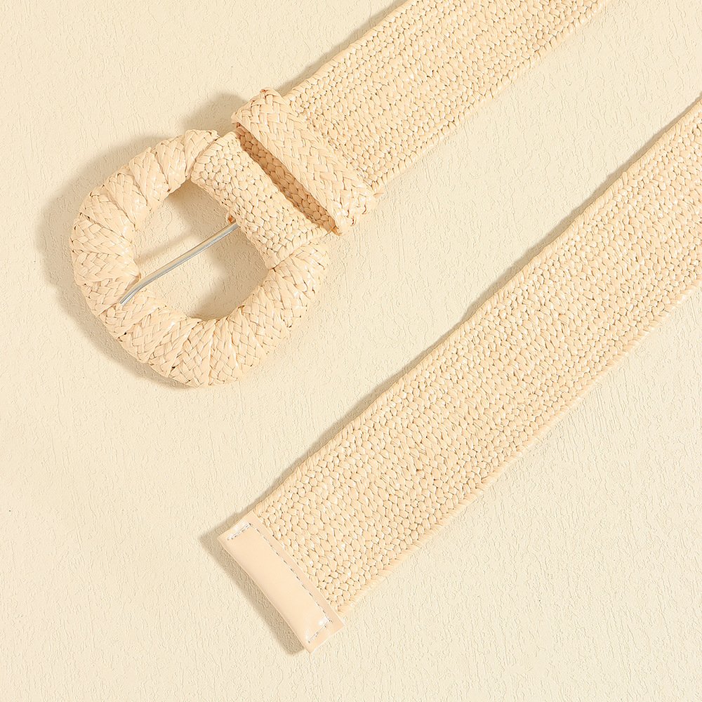 RW Fashion Versatile Handmade Woven PP Straw Elastic Skinny Dress Belt With Round Buckle Boho Straw Braided Waist Belt For Woman