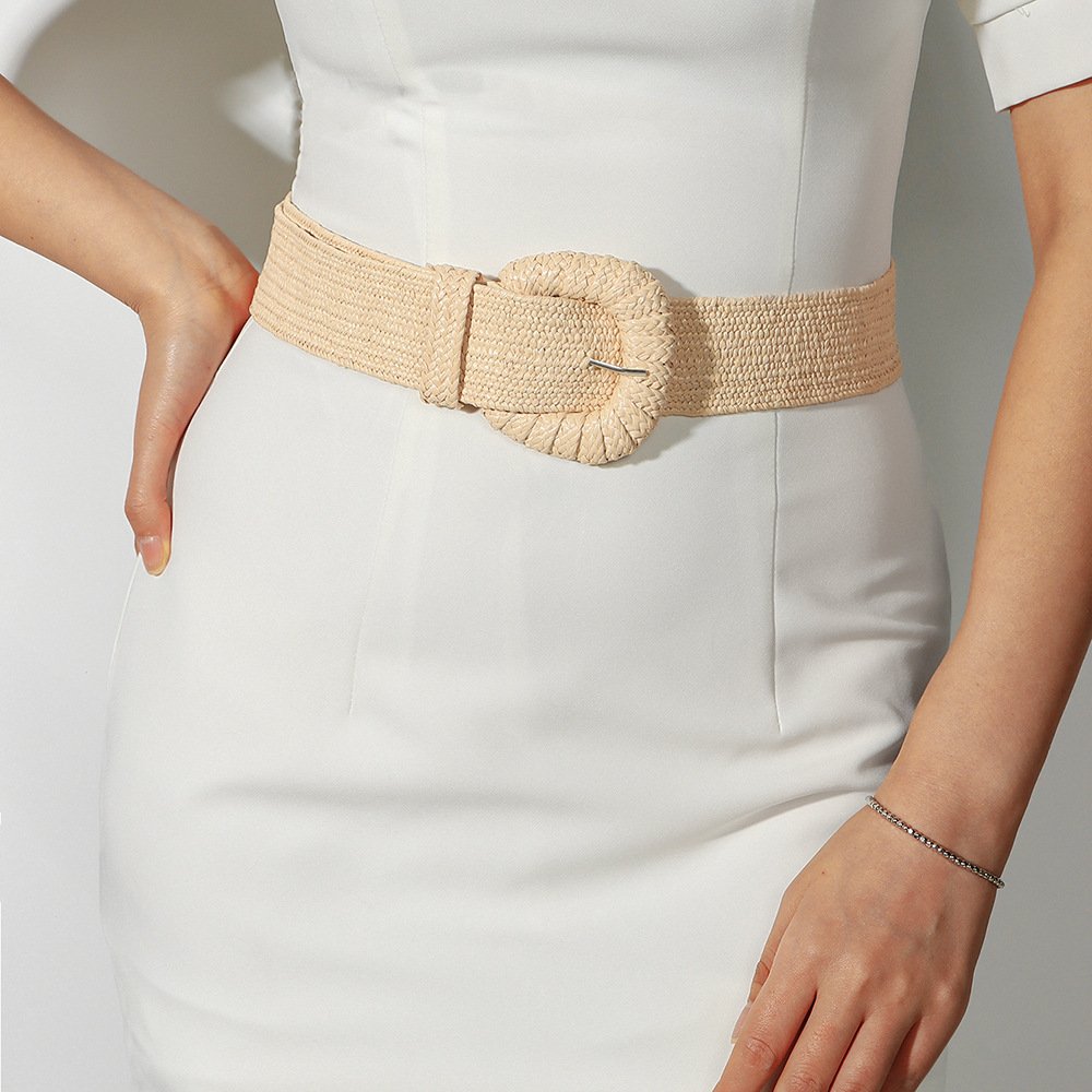 RW Fashion Versatile Handmade Woven PP Straw Elastic Skinny Dress Belt With Round Buckle Boho Straw Braided Waist Belt For Woman