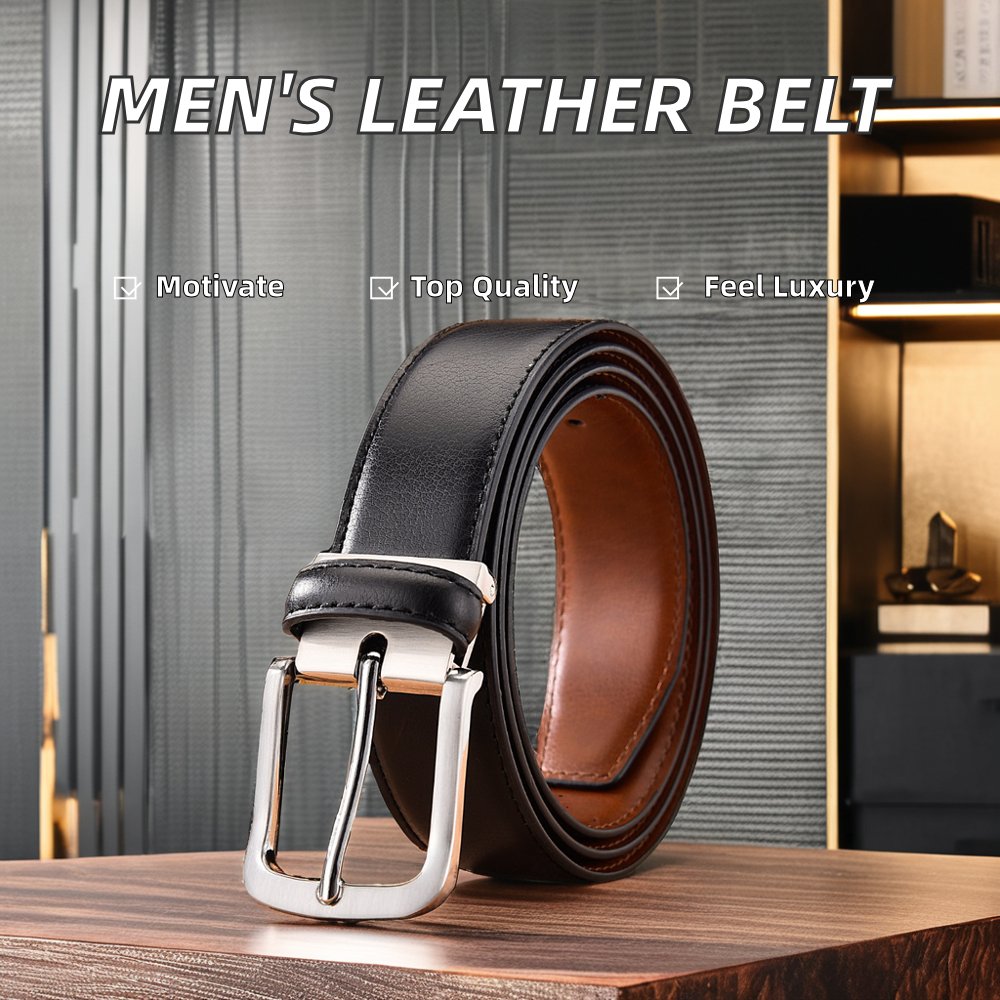 Men's Luxury Dress Belt Genuine Cow Hide Leather Reversible Steel Pin Buckle Custom Length Classy Gift Including Metal Buckle