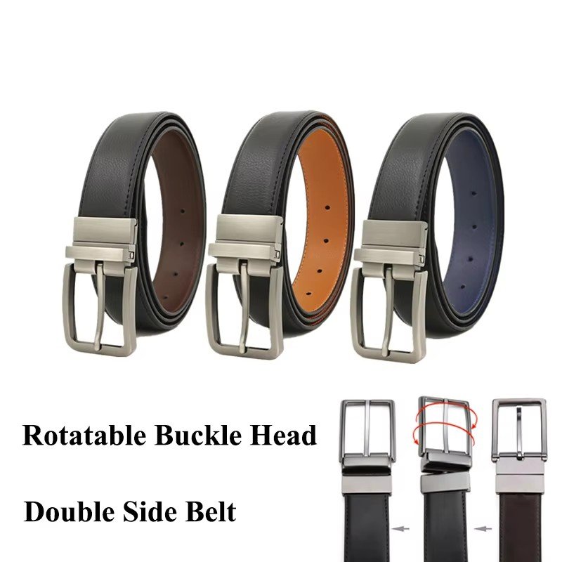 Men's Luxury Dress Belt Genuine Cow Hide Leather Reversible Steel Pin Buckle Custom Length Classy Gift Including Metal Buckle