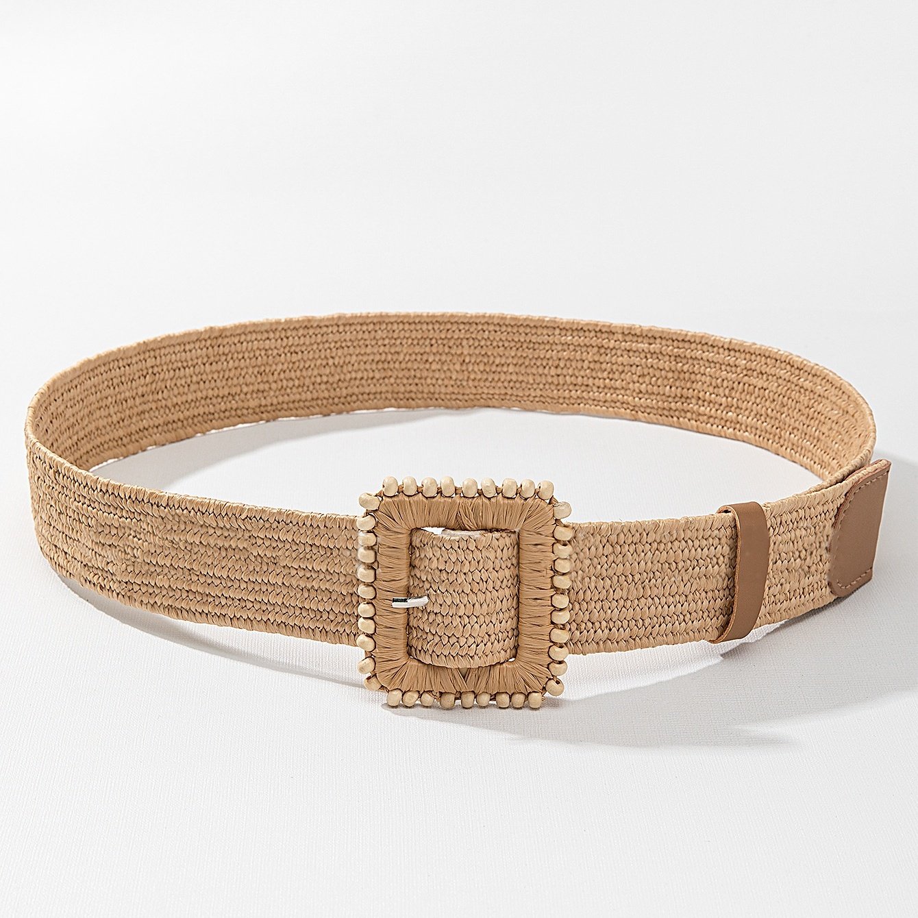RW Summer Outor Beach Ladies PP Straw Belts With Wooden Bead Square Buckle Straw Braided Elastic Waist Dress Belts For Woman