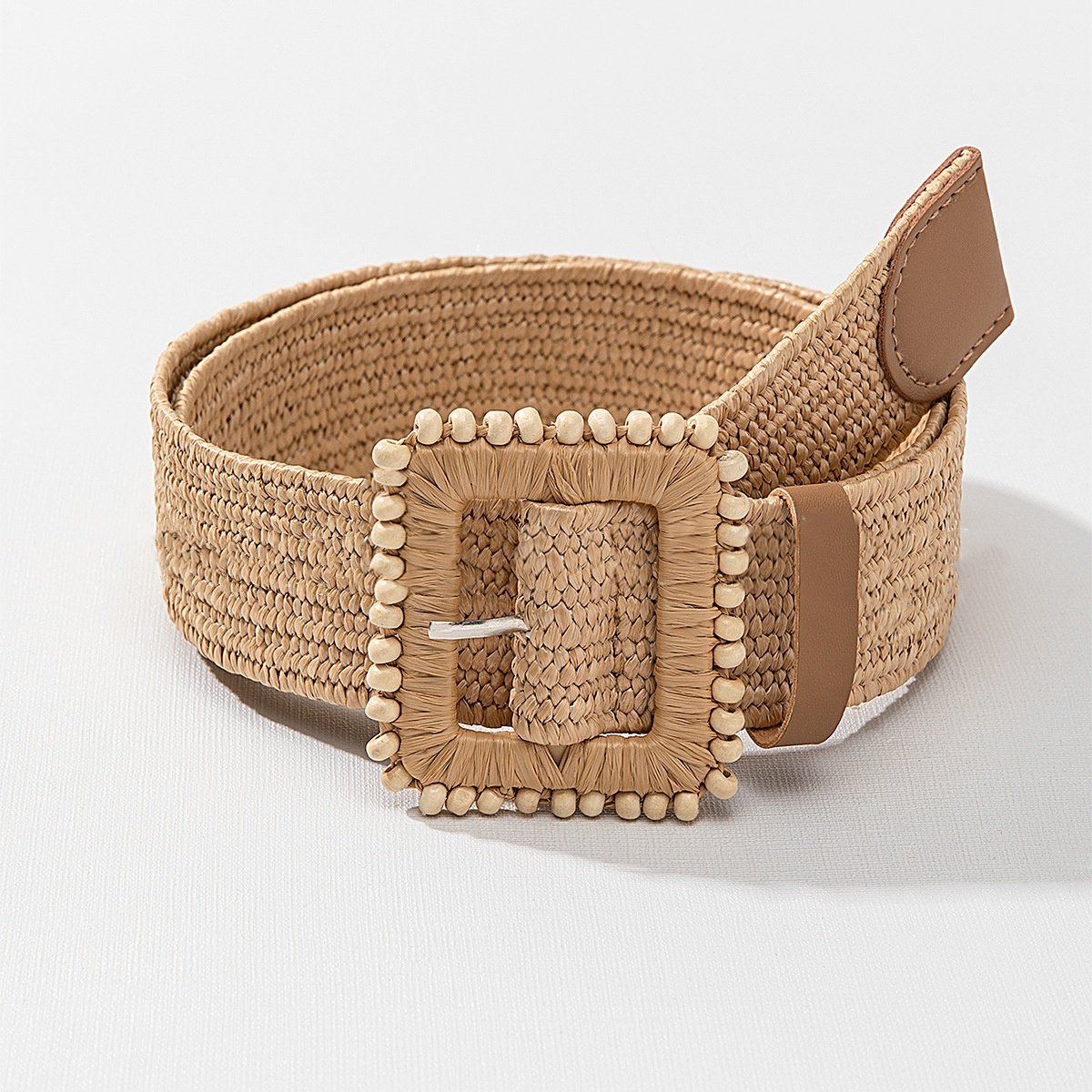 RW Summer Outor Beach Ladies PP Straw Belts With Wooden Bead Square Buckle Straw Braided Elastic Waist Dress Belts For Woman