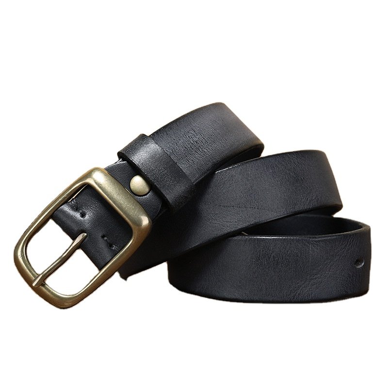 Factory men's leather belt simple fashionable retro full grain leather top layer pure cowhide copper buckle workwear jeans belt