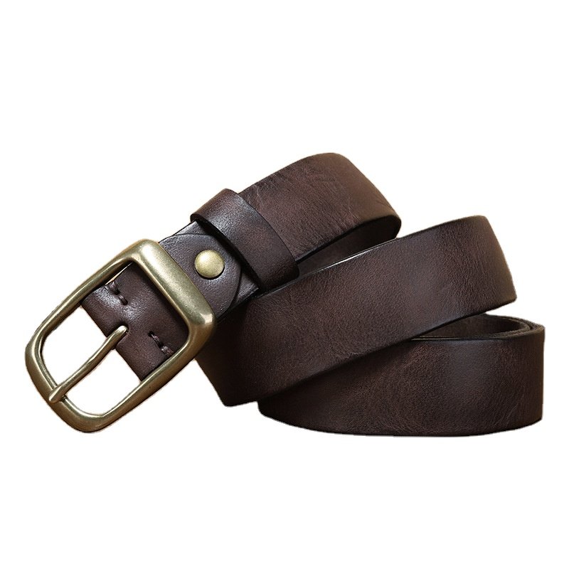 Factory men's leather belt simple fashionable retro full grain leather top layer pure cowhide copper buckle workwear jeans belt