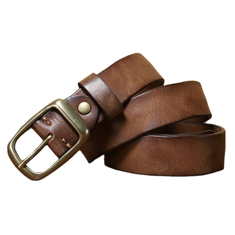Factory men's leather belt simple fashionable retro full grain leather top layer pure cowhide copper buckle workwear jeans belt