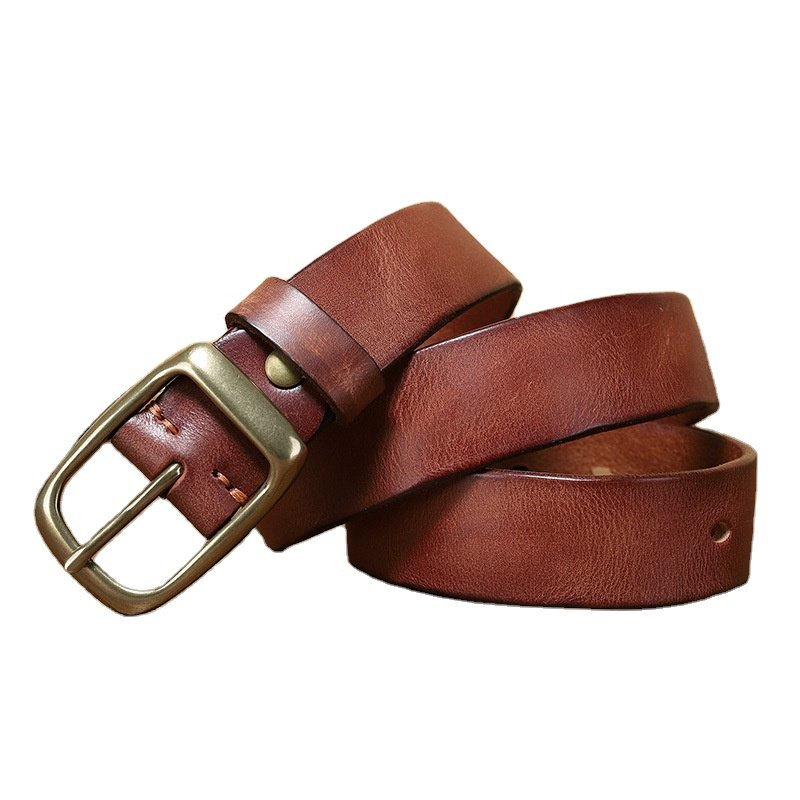 Factory men's leather belt simple fashionable retro full grain leather top layer pure cowhide copper buckle workwear jeans belt