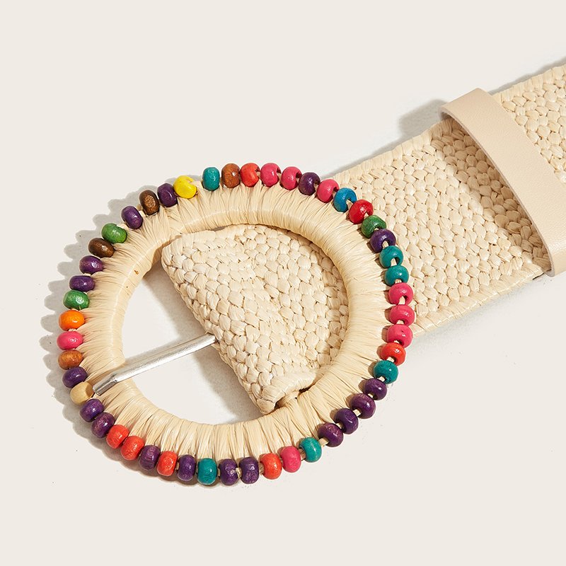 REWIN Colorful Wood Beaded Round Buckle Waist Belts 4.5cm Wide Boho Elastic Woven Stretch PP Straw Belts for Lady Women Dress
