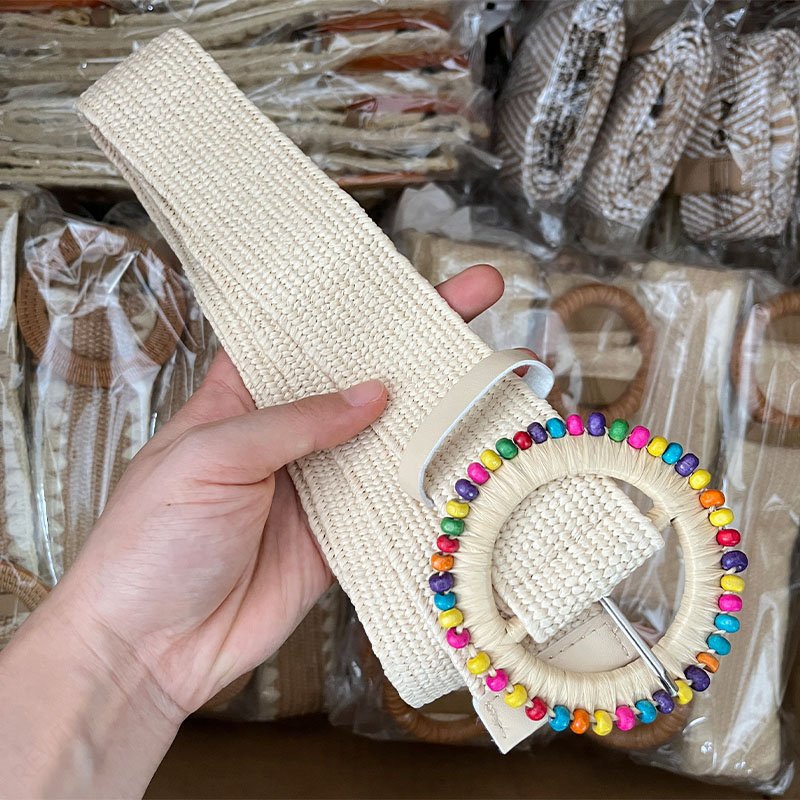 REWIN Colorful Wood Beaded Round Buckle Waist Belts 4.5cm Wide Boho Elastic Woven Stretch PP Straw Belts for Lady Women Dress