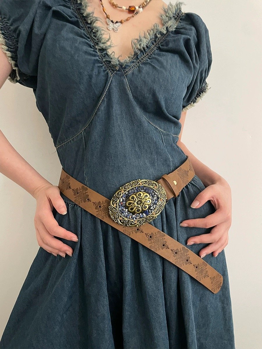 Vintage Western Cowboy Style Alloy Buckle Belts Bohemian Ethnic Printed Belt Beach Vacation Dress Decorations Waist Belt