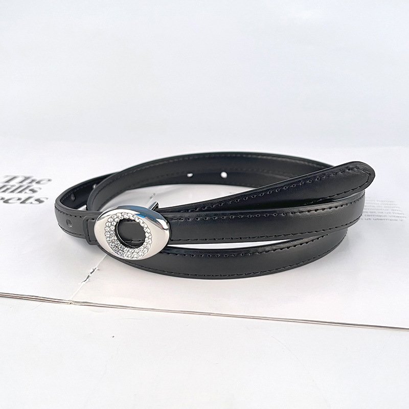 Newest Designs Silver Round Diamond Buckle Genuine Leather Thin Belt Female Cowhide Waist Belts Decoration Jeans