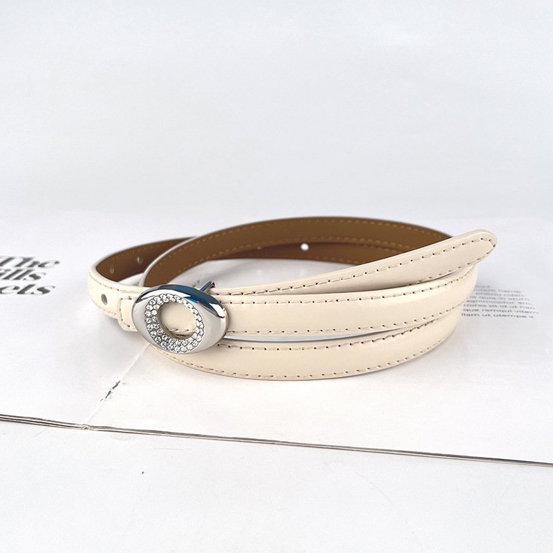 Newest Designs Silver Round Diamond Buckle Genuine Leather Thin Belt Female Cowhide Waist Belts Decoration Jeans