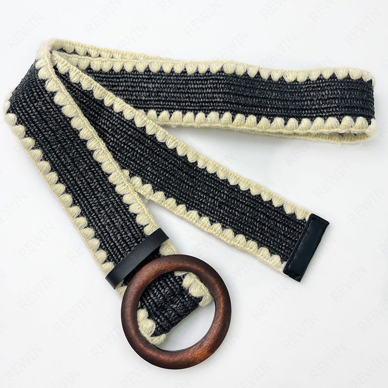 REWIN 2inch Wide Wooden Buckle Straw Woven Belt Knitted Elastic Stretch Rattan Waist Belt Women Skinny Raffia Dress Belt
