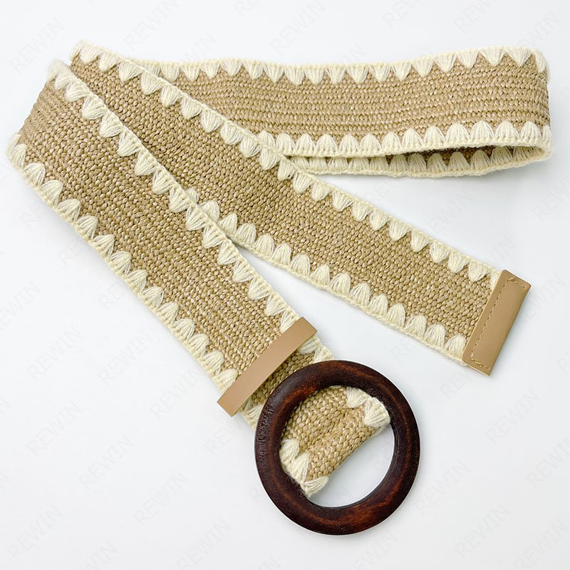REWIN 2inch Wide Wooden Buckle Straw Woven Belt Knitted Elastic Stretch Rattan Waist Belt Women Skinny Raffia Dress Belt