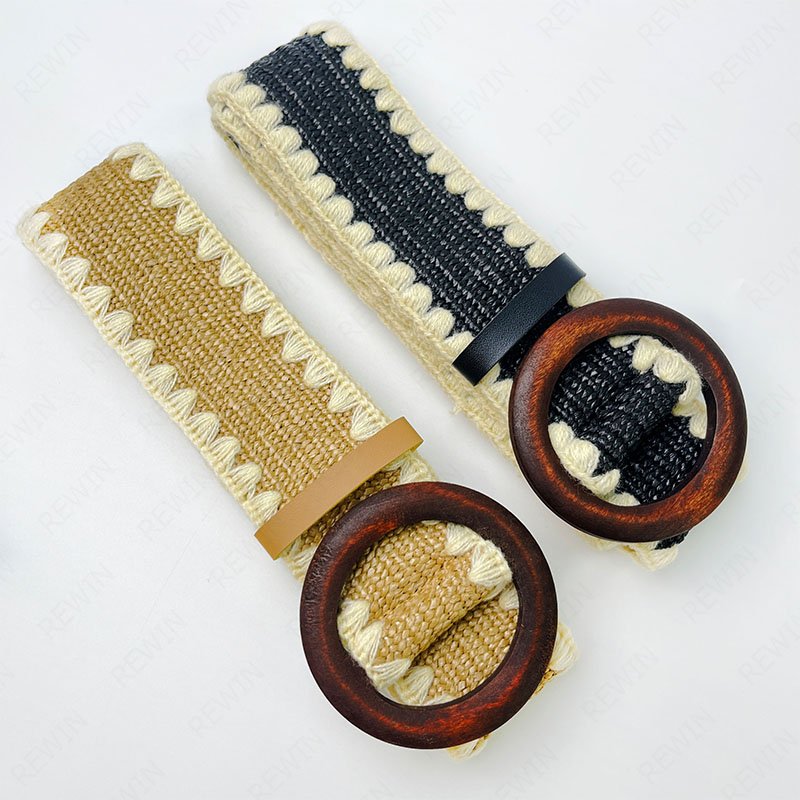 REWIN 2inch Wide Wooden Buckle Straw Woven Belt Knitted Elastic Stretch Rattan Waist Belt Women Skinny Raffia Dress Belt