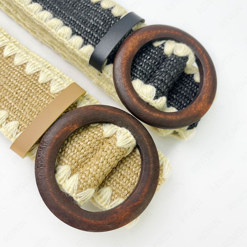 REWIN 2inch Wide Wooden Buckle Straw Woven Belt Knitted Elastic Stretch Rattan Waist Belt Women Skinny Raffia Dress Belt