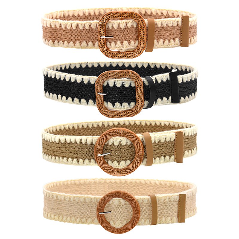 REWIN 2inch Wide Wooden Buckle Straw Woven Belt Knitted Elastic Stretch Rattan Waist Belt Women Skinny Raffia Dress Belt