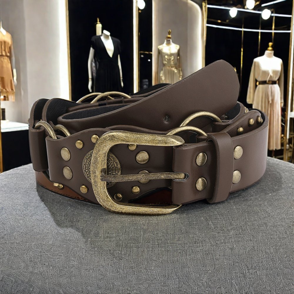 New Retro 4cm Wide Patchwork Leather PU Belt Punk Metal Rivets Buckle Personalized Trendy Accessory Ladies Hot American Girls