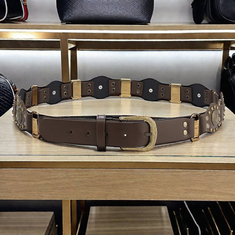 New Retro 4cm Wide Patchwork Leather PU Belt Punk Metal Rivets Buckle Personalized Trendy Accessory Ladies Hot American Girls