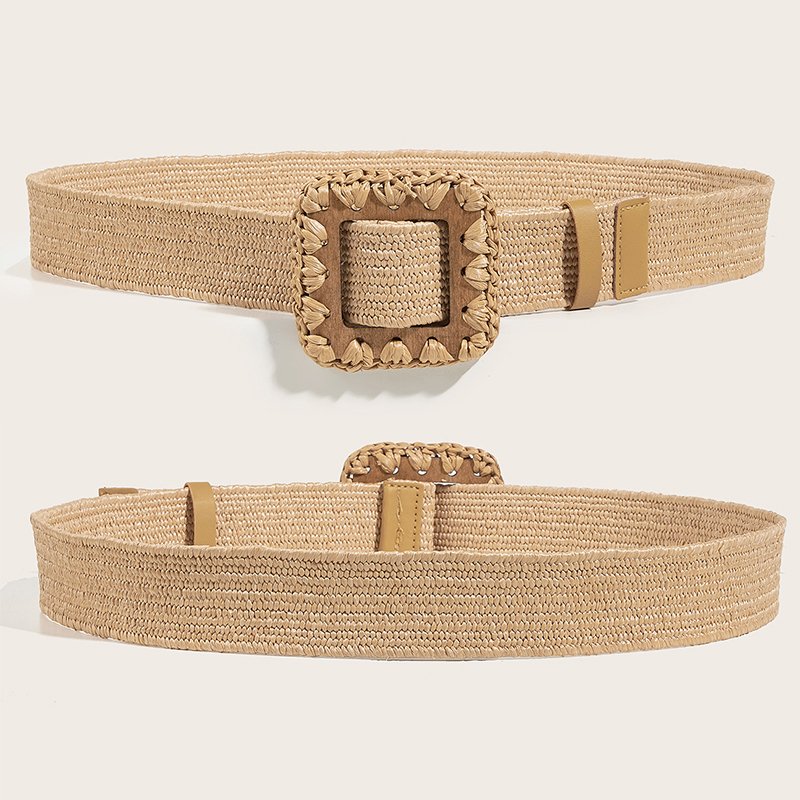 REWIN Khaki Square Wood Buckle Rattan Braided Waistband Female 4cm Wide PP Straw Elastic Stretch Waist Belts