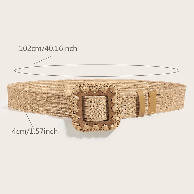 REWIN Khaki Square Wood Buckle Rattan Braided Waistband Female 4cm Wide PP Straw Elastic Stretch Waist Belts