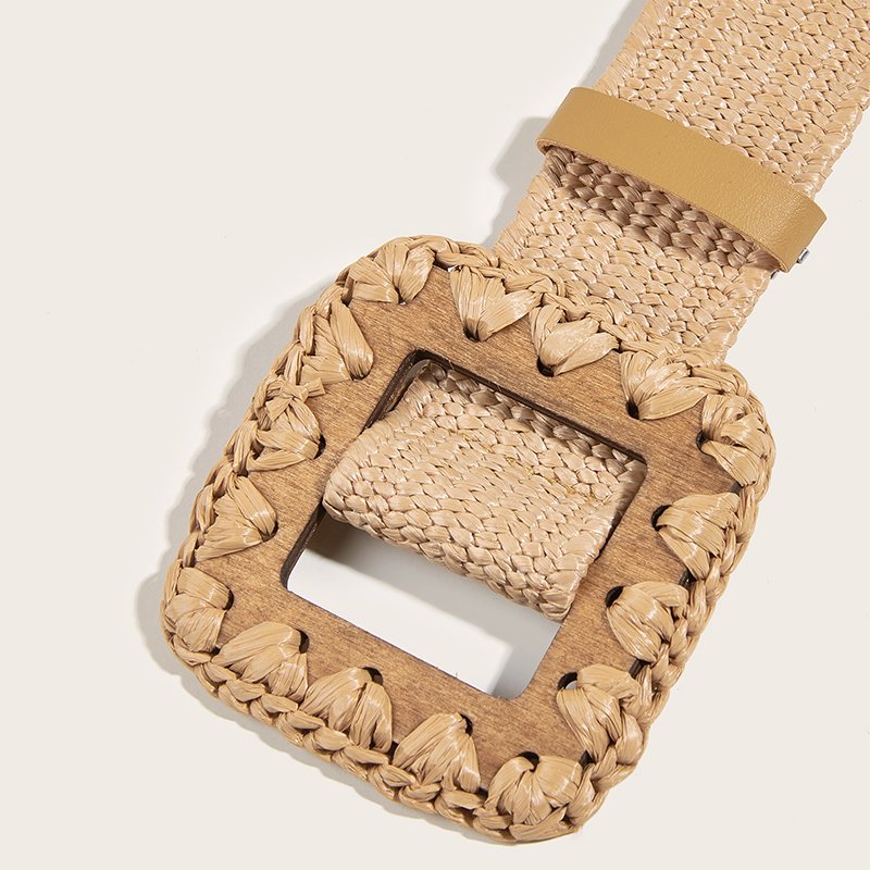 REWIN Khaki Square Wood Buckle Rattan Braided Waistband Female 4cm Wide PP Straw Elastic Stretch Waist Belts