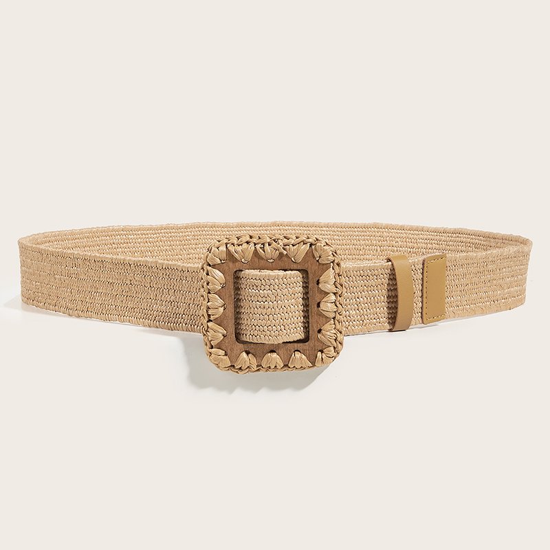 REWIN Khaki Square Wood Buckle Rattan Braided Waistband Female 4cm Wide PP Straw Elastic Stretch Waist Belts