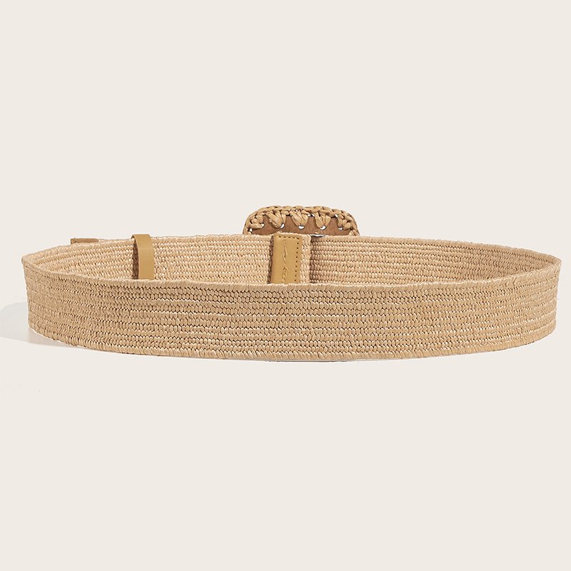 REWIN Khaki Square Wood Buckle Rattan Braided Waistband Female 4cm Wide PP Straw Elastic Stretch Waist Belts