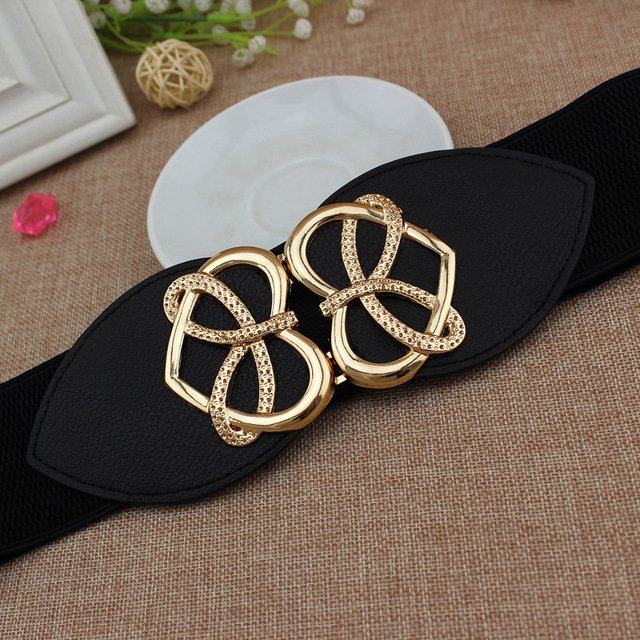 Good quality 6CM Width double heart design Fashion gold Buckle Elastic Women Belts