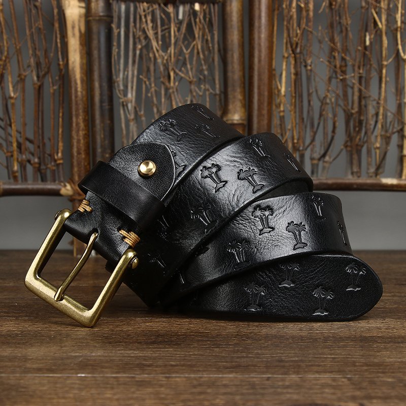 Vintage Korean version machine pressed pattern Italian plant tanned male leather pure cowhide copper buckle belt wholesale