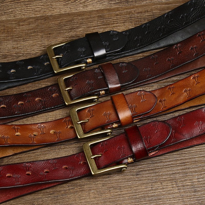 Vintage Korean version machine pressed pattern Italian plant tanned male leather pure cowhide copper buckle belt wholesale
