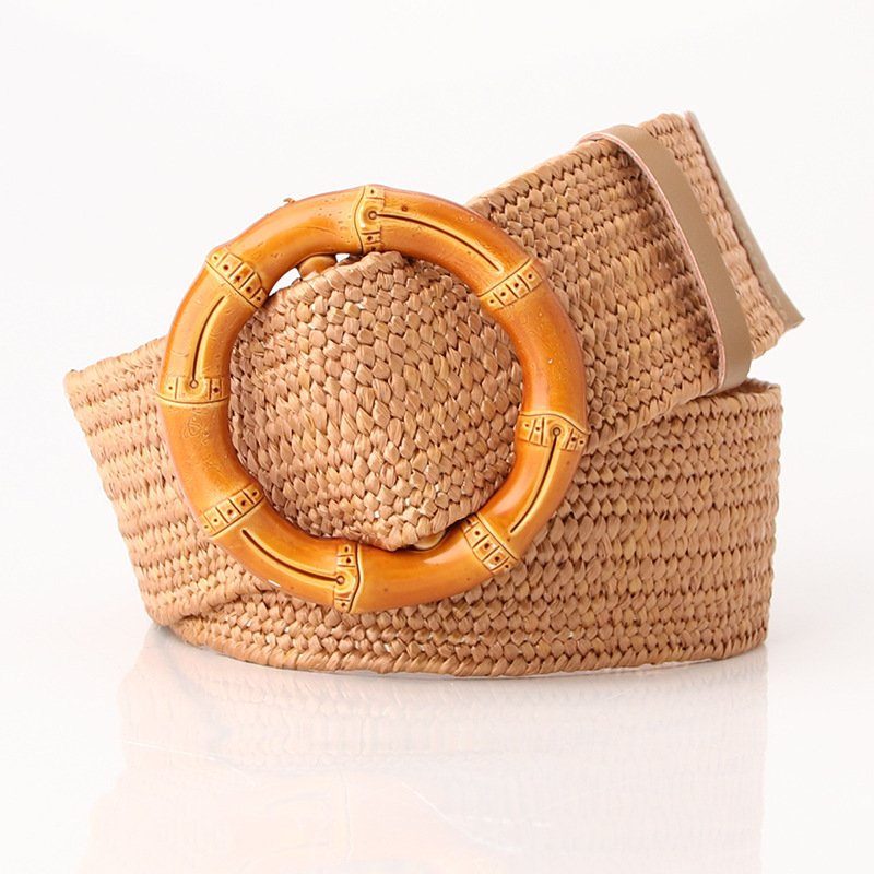 Straw Woven Elastic Stretch Waist Belt Women Skinny Dress Belt Cinch Fashion Round Wooden Buckle Braided Strap Belts