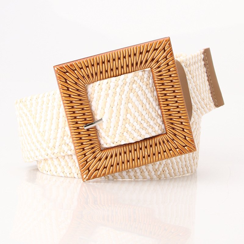 Straw Woven Elastic Stretch Waist Belt Women Skinny Dress Belt Cinch Fashion Round Wooden Buckle Braided Strap Belts