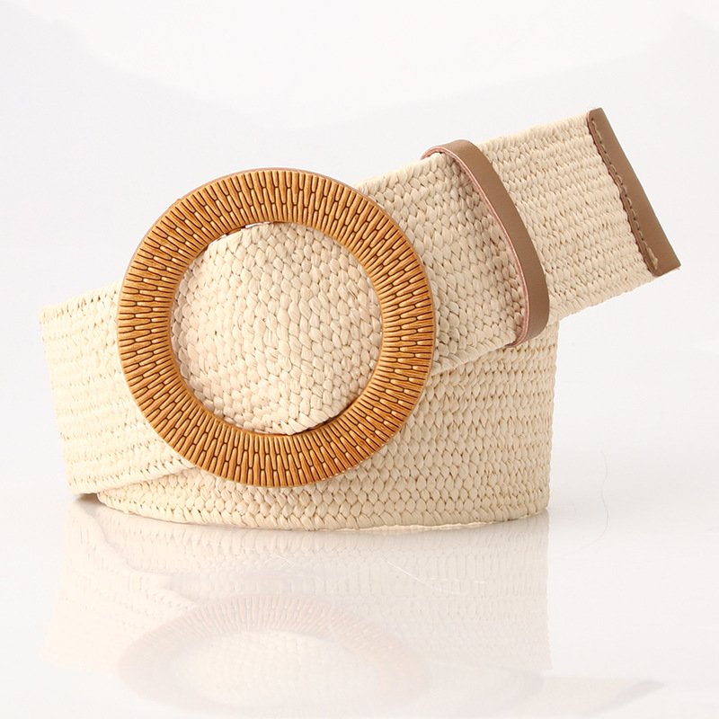 Straw Woven Elastic Stretch Waist Belt Women Skinny Dress Belt Cinch Fashion Round Wooden Buckle Braided Strap Belts