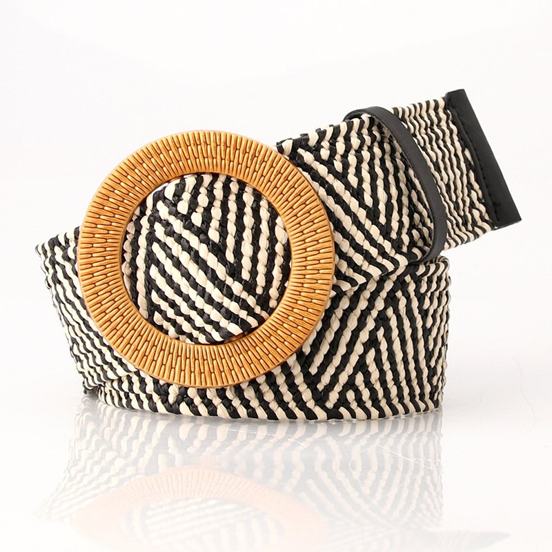 Straw Woven Elastic Stretch Waist Belt Women Skinny Dress Belt Cinch Fashion Round Wooden Buckle Braided Strap Belts