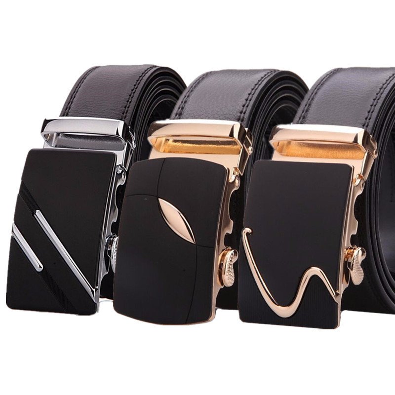 Fashion Genuine Leather Men Black Alloy Automatic Buckles Belt For Men