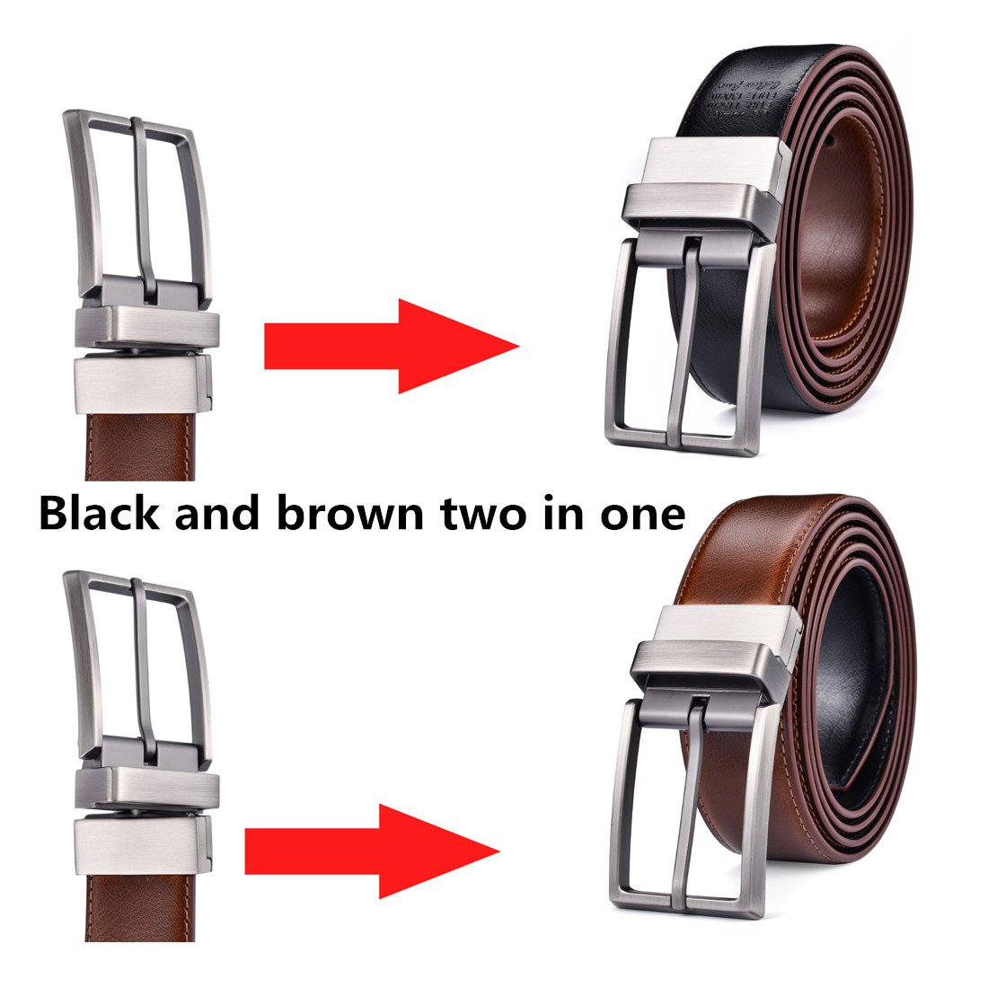 Fashion Dress Leather Belt for Man New Design 3.2CM Brown and Black Reversible Genuine Leather Belts for Men with Rotated Buckle