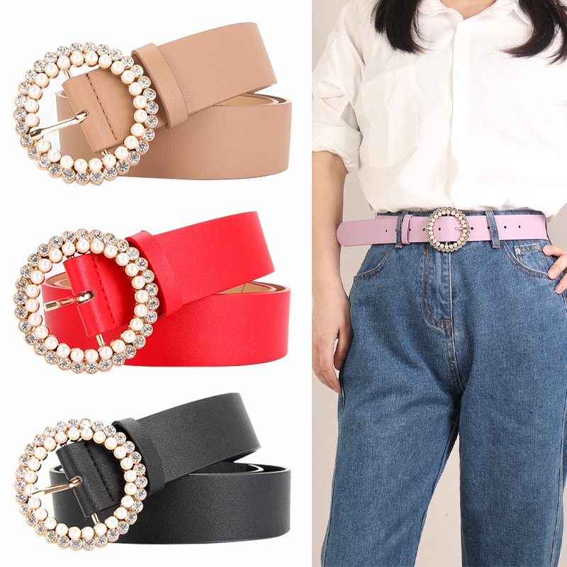Ladies Belt Buckle Inlaid Rhinestone Fashion Sweet Pearl Belt Girls Matching Dress Decorative Belt