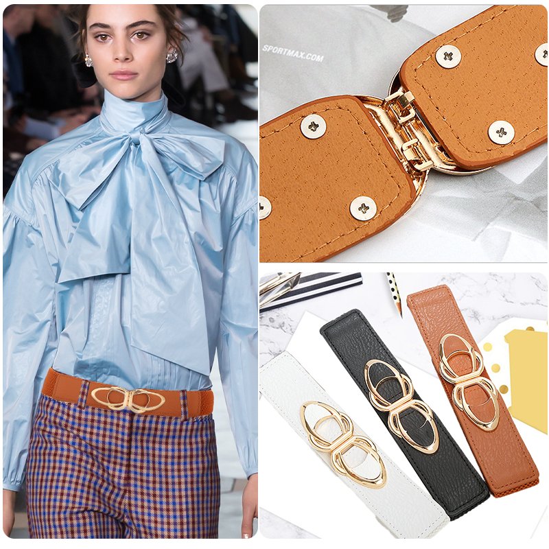 2024 Fashion Waistbands Stretchy Gold Double O-Ring Buckle Wide Stretch Elastic Belt Double Metal Buckle Waistband Belt
