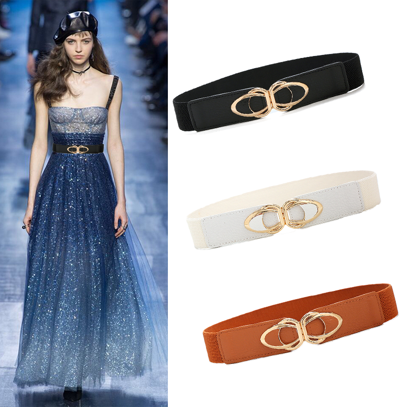 2024 Fashion Waistbands Stretchy Gold Double O-Ring Buckle Wide Stretch Elastic Belt Double Metal Buckle Waistband Belt