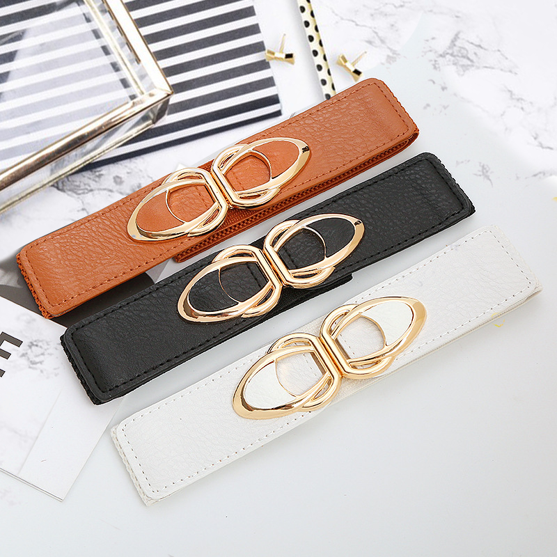 2024 Fashion Waistbands Stretchy Gold Double O-Ring Buckle Wide Stretch Elastic Belt Double Metal Buckle Waistband Belt