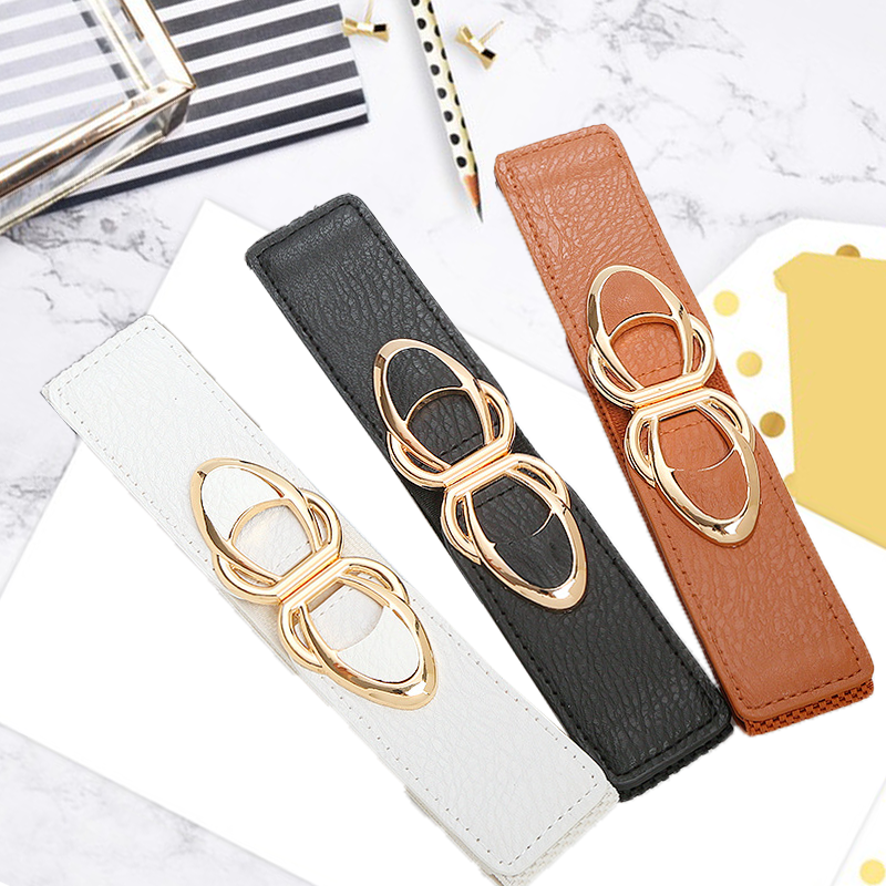 2024 Fashion Waistbands Stretchy Gold Double O-Ring Buckle Wide Stretch Elastic Belt Double Metal Buckle Waistband Belt