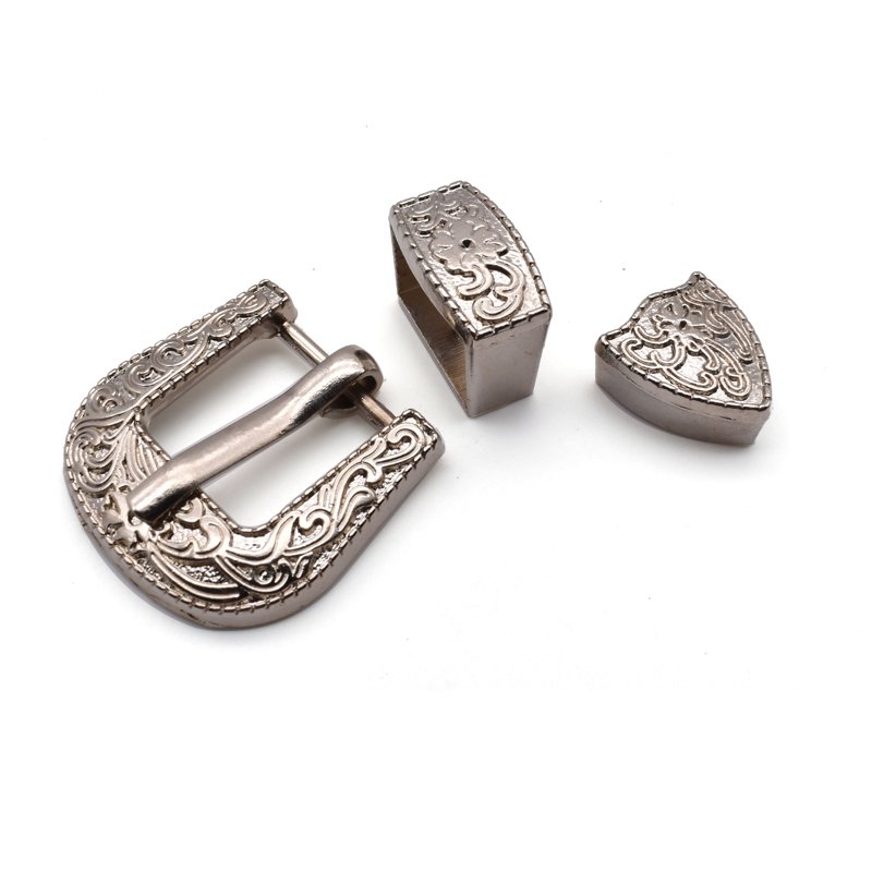 Custom zinc alloy 3 piece western pin belt buckle set with flower engraved design belt buckle screw