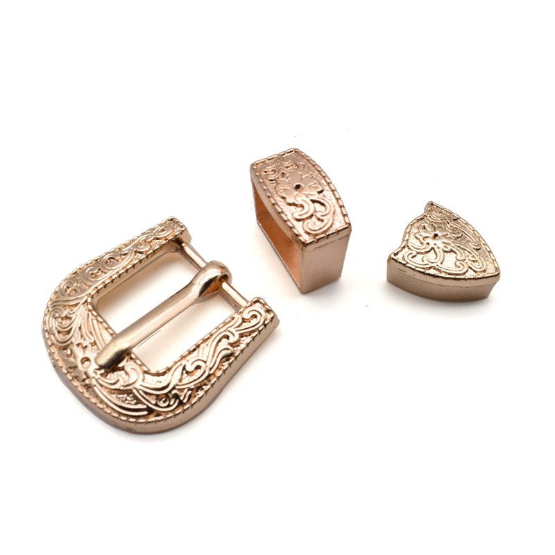 Custom zinc alloy 3 piece western pin belt buckle set with flower engraved design belt buckle screw