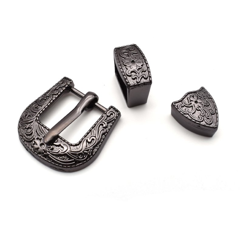 Custom zinc alloy 3 piece western pin belt buckle set with flower engraved design belt buckle screw