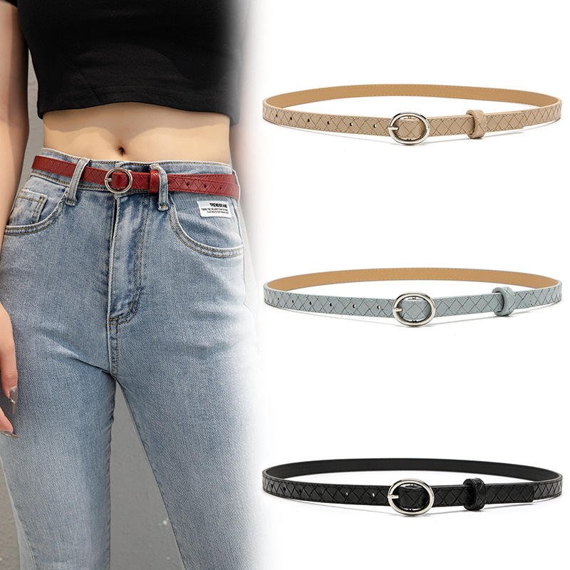 2023 New High Quality Plaid Thin Belt Ladies Oval Pin Buckle Belt Jeans Pu Belt Women