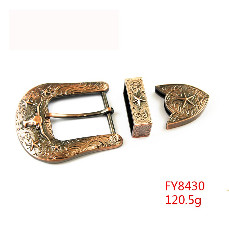 Factory sale 30mm zinc alloy horn flower pattern 3 piece western belt buckle set