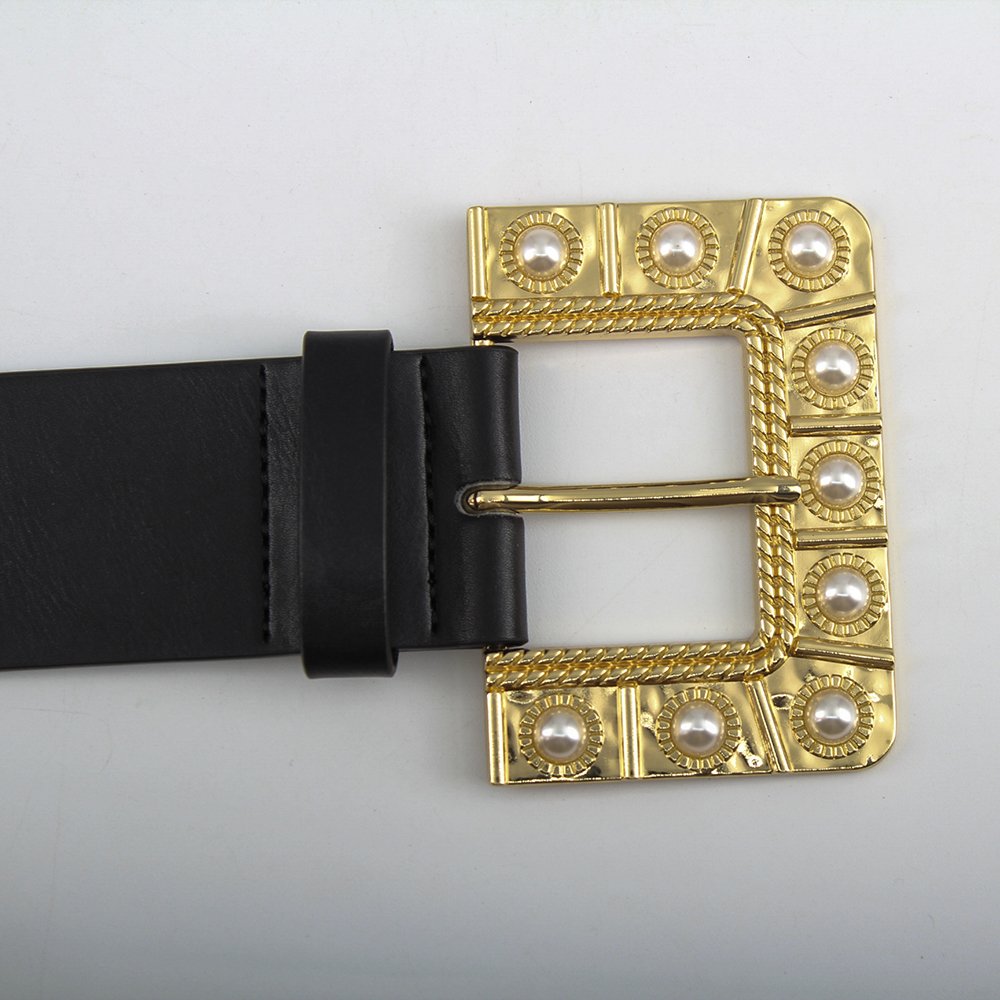 Women's New Style Elegance Design Pearl-Inlaid Wide Needle Buckle Leather Belt